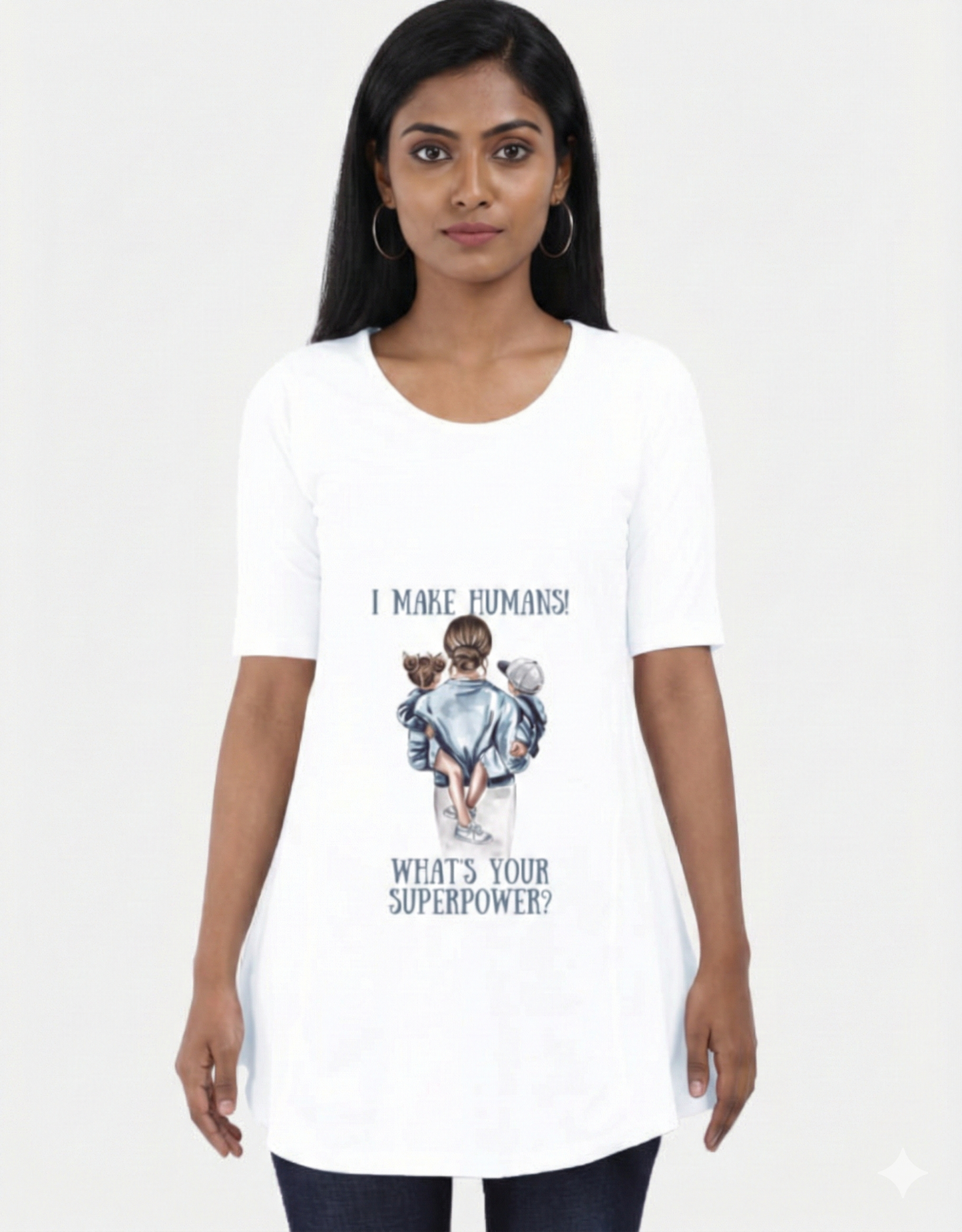 South Indian wearing white I make humans maternity t-shirt