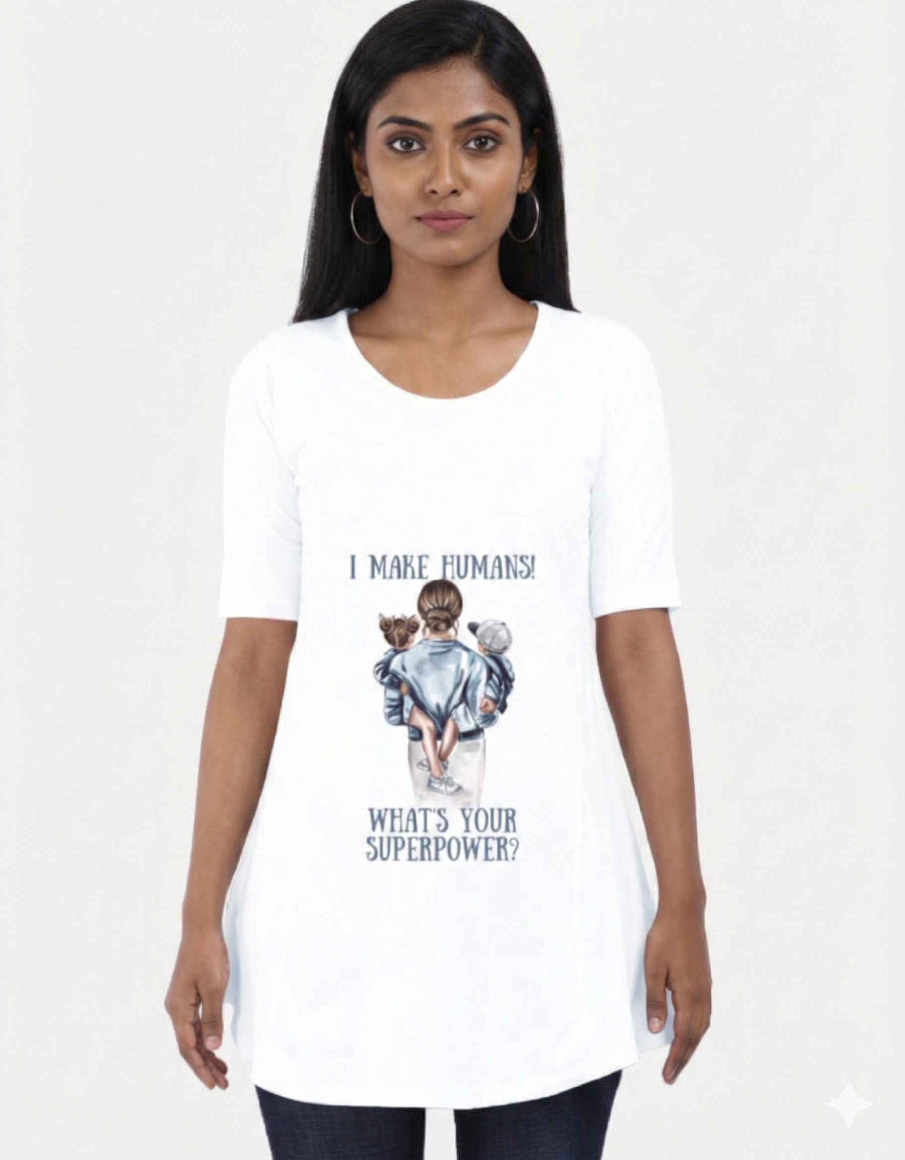 South Indian wearing white I make humans maternity t-shirt