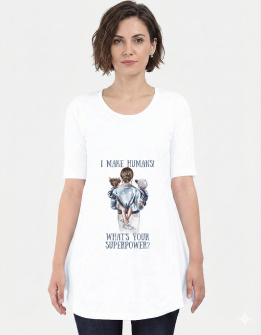 Foreigner wearing white I make humans maternity t-shirt