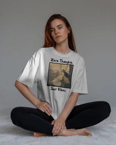 Zero Thoughts Just Vibes T-Shirt | Mohini on a Swing | Raja Ravi Varma Art Meme | 240 GSM Oversized Tee
